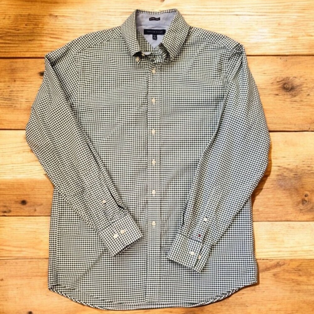 Tommy Hilfiger Shirt Men's 15.5 34-35 Green Regular Fit Checkered Button Up READ